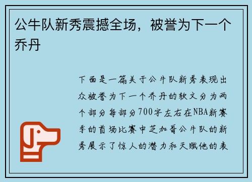 公牛队新秀震撼全场，被誉为下一个乔丹